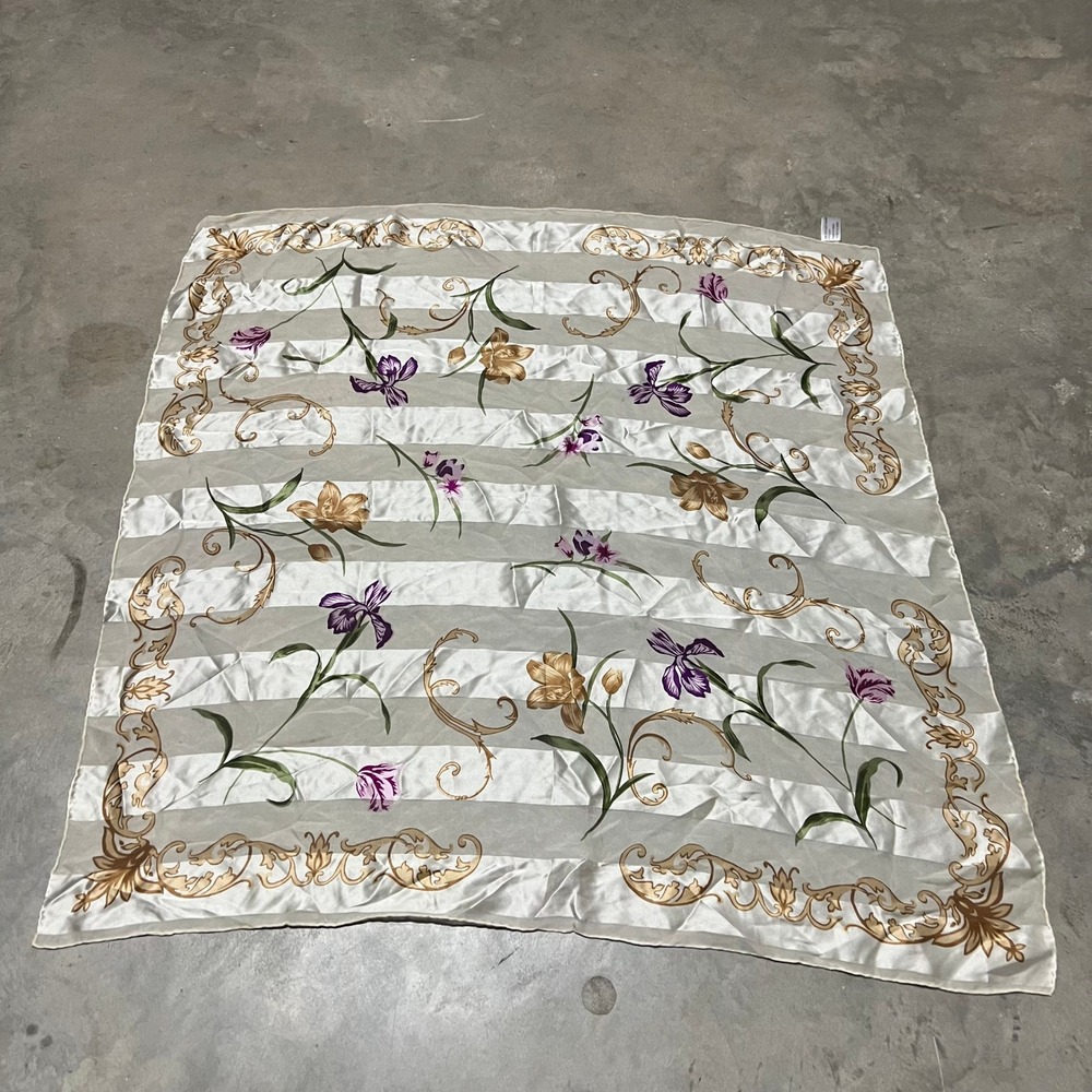 The Specialty House Silk Scarf Square Floral Iris Striped Gold Purple Cream 32in